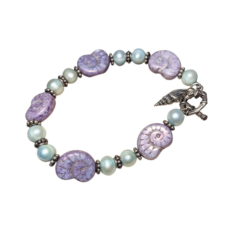 Sterling Silver Cultured Pearl Seashell Beaded Bracelet